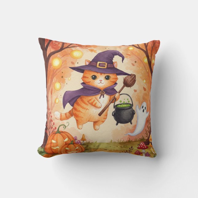 Cute Ginger sorcier Chat Halloween Coussin (Recto)