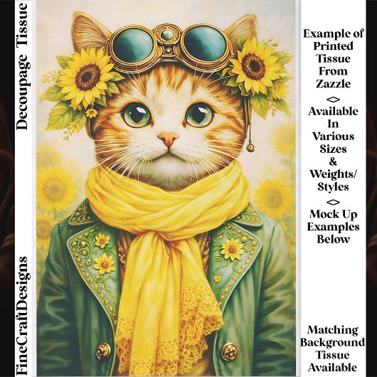 Cute Ginger Sunflower Steampunk Cat FE6 Decoupage Tissuepapier