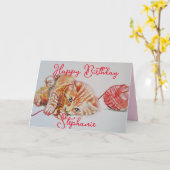 Cute Ginger Tabby Chat Jouer Laine Carte Anniversa (Fleur jaune)