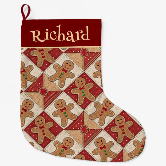 Cute Gingerbread Man Patchwork Pattern Style Grote Kerstsok (Voorkant)