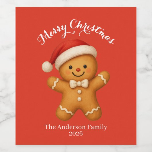 Cute Gingerbread Man with Santa Hat - Wijn Etiket (Enkel label)