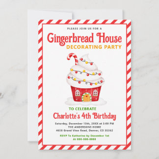 Cute Gingerbrood House Candy Cane Birthday Party Kaart