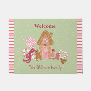 Cute Gingerbrood House Candy Cane Mint Green Deurmat