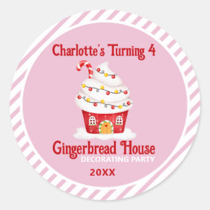 Cute Gingerbrood House Candy Cane Pink Birthday Ronde Sticker