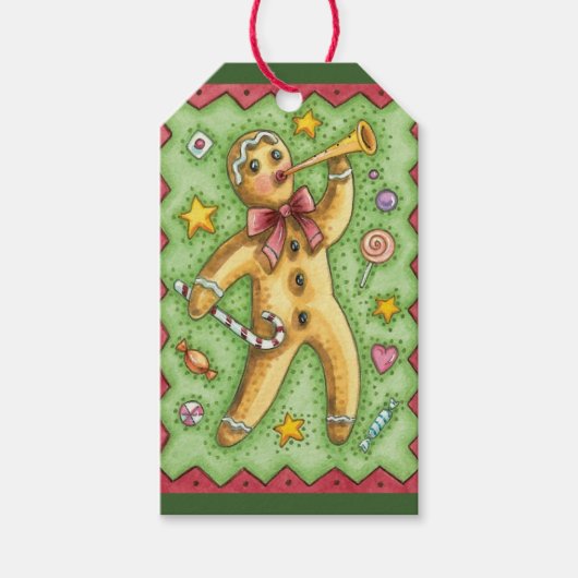 Cute Gingerbrood Man Bbladerhorn, kerstSnoep Cadeaulabel (Voorkant)