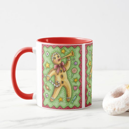 Cute Gingerbrood Man Bbladerhorn, kerstSnoep Mok (Met donut)