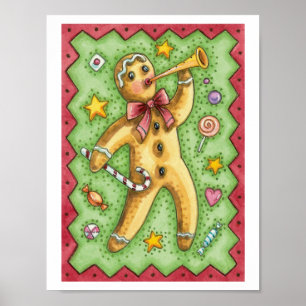 Cute Gingerbrood Man Bbladerhorn, kerstSnoep Poster