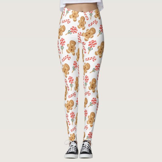 Cute Gingerbrood Man Candy Cane Pattern Leggings (Voorkant)