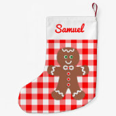 Cute Gingerbrood Man Red Gingham Monogram Kleine Kerstsok (Achterkant)