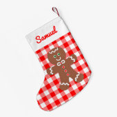 Cute Gingerbrood Man Red Gingham Monogram Kleine Kerstsok (Achterkant (Hangend))