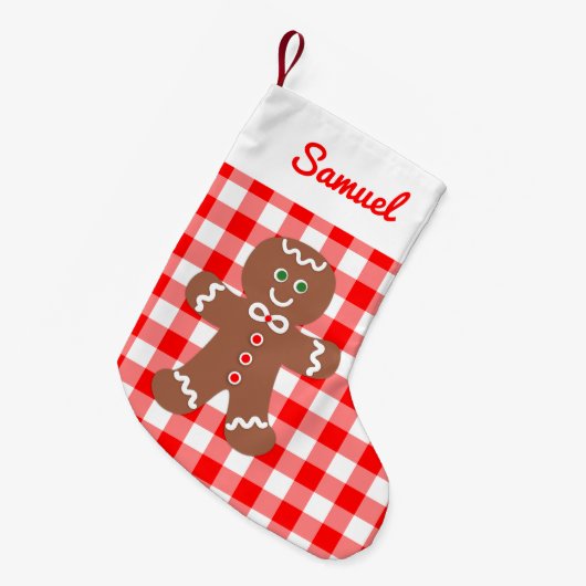 Cute Gingerbrood Man Red Gingham Monogram Kleine Kerstsok (Voorkant (Hangend))