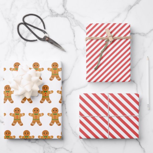 Cute Gingerbrood Man & Red Striped Kerstmis Inpakpapier Vel (Voorkant)