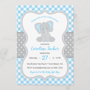 Cute Gingham Blue Grey Elephant Baby shower Kaart