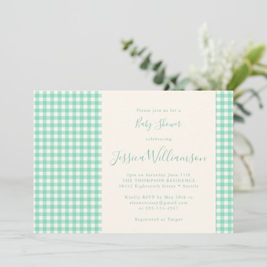 Cute Gingham Pset Mint Green Baby shower Kaart (Staand voorkant)
