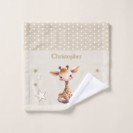 Cute girafe ajouter nom pois étoiles brun (Gant de toilette)
