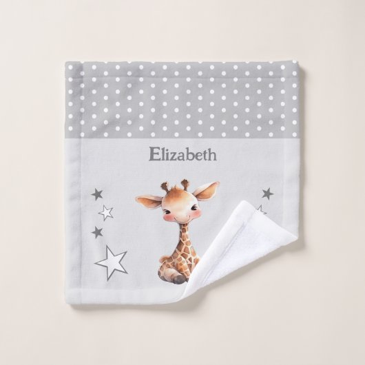 Cute girafe ajouter nom pois étoiles gris (Gant de toilette)