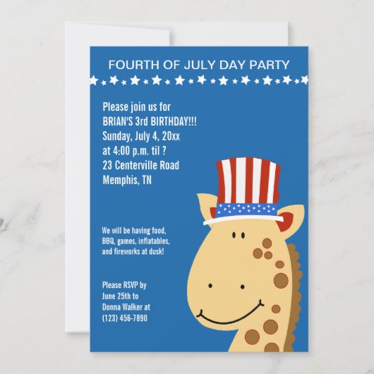 Cute Giraffe 4th Fourth of Juli Birthday Invite Kaart (Voorkant)