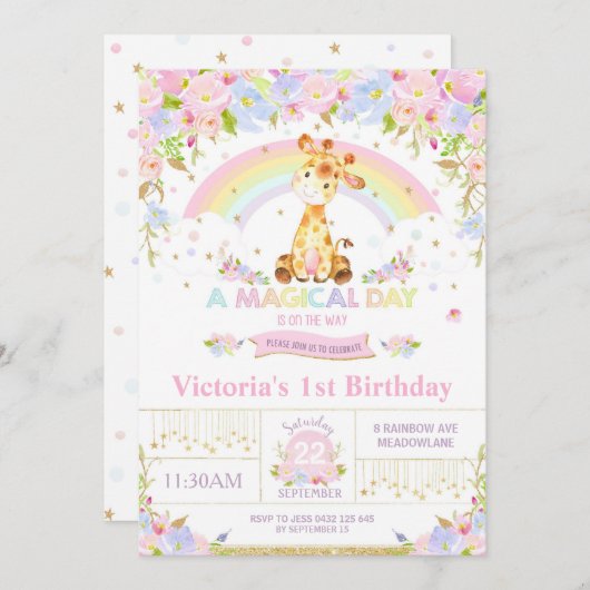 Cute Giraffe Anniversaire Fête Invitation Fille (Devant / Derrière)