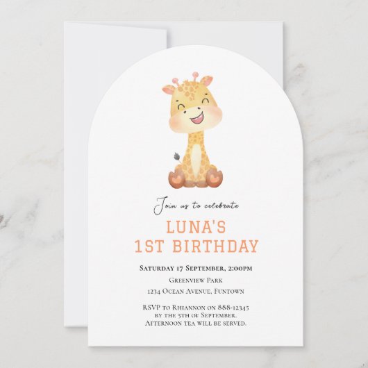 Cute Giraffe arch 1st birthday invitation (Devant)