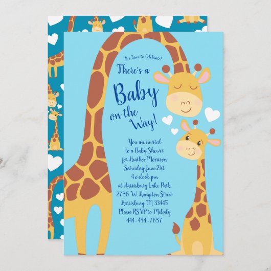 Cute Giraffe Baby shower Blue Boy Kaart (Voorkant / Achterkant)