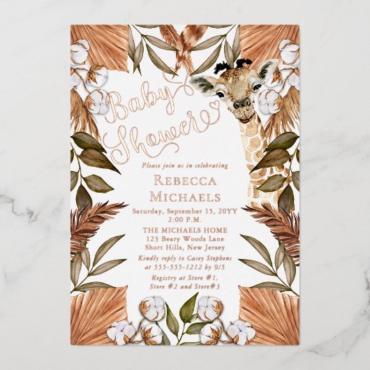 Cute Giraffe Boho Dried Grasses Baby shower Folie  Folie Uitnodiging (Voorkant)