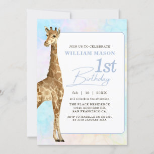 Cute Giraffe Boy 1st Birthday Blue Kaart