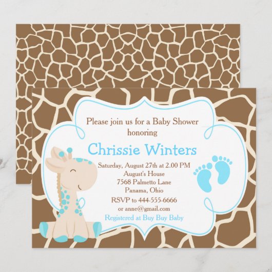 Cute Giraffe Boy Blue Baby shower Kaart (Voorkant / Achterkant)