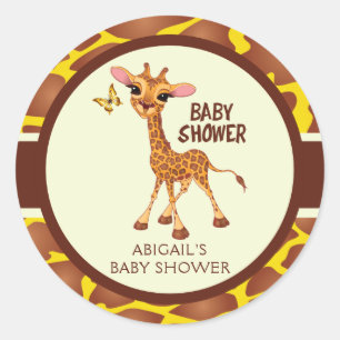 Cute Giraffe & Butterfly, Baby shower Ronde Sticker