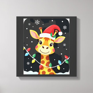 Cute Giraffe Christmas Lights Santa Hat Xmas Pajam Canvas Afdruk