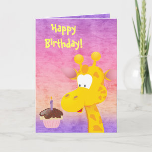 Cute Giraffe & Cupcake Happy Birthday Kaart