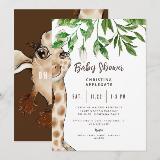 Cute Giraffe Invitation Baby shower Brown (Devant / Derrière)