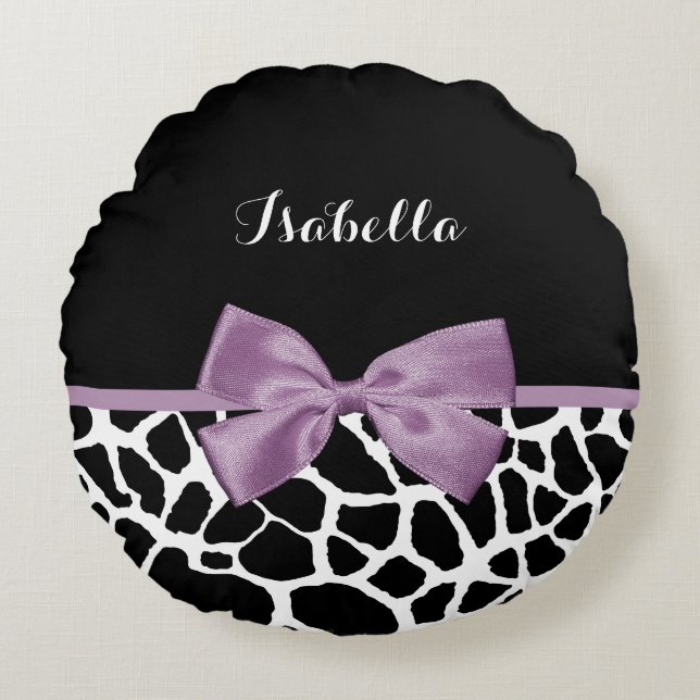 Cute Giraffe Print Lavender Paars Bow met naam Rond Kussen (Voorkant)