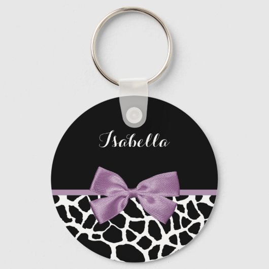 Cute Giraffe Print Lavender Paars Bow met naam Sleutelhanger (Voorkant)