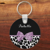 Cute Giraffe Print Lavender Paars Bow met naam Sleutelhanger (Voorkant)