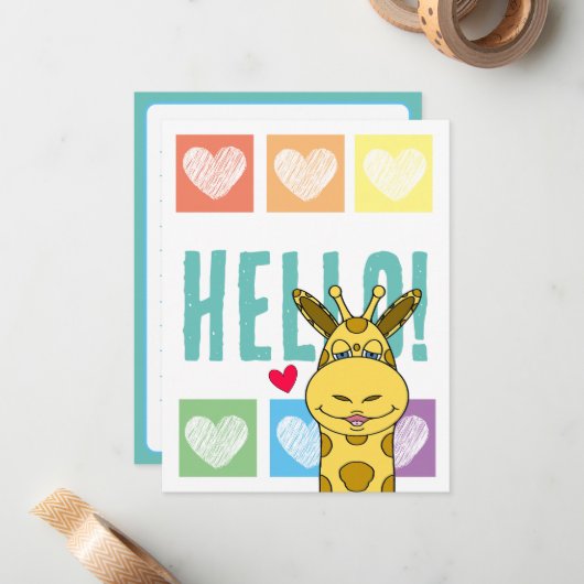 Cute Giraffe Regenboog Met Hartjes Hallo Notitiekaartje (Voorkant / Achterkant in situ)