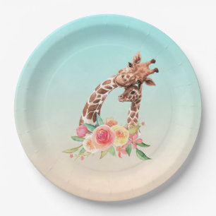 Cute Giraffe Waterverf Mam en Baby Papieren Bordje