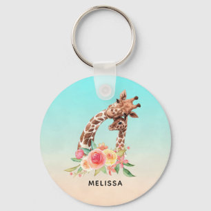 Cute Giraffe Waterverf Mam en Baby Sleutelhanger