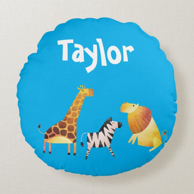 Cute Giraffe Zebra Lion Blue achtergrond Rond Kussen (Voorkant)