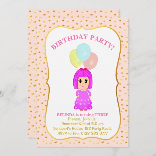 Cute Girl 3e anniversaire Invitation (Devant / Derrière)