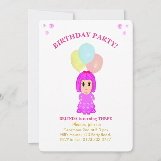 Cute Girl 3rd Birthday Invitation Kaart (Voorkant)