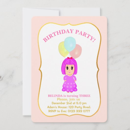 Cute Girl 3rd Birthday Invitation Kaart (Voorkant)