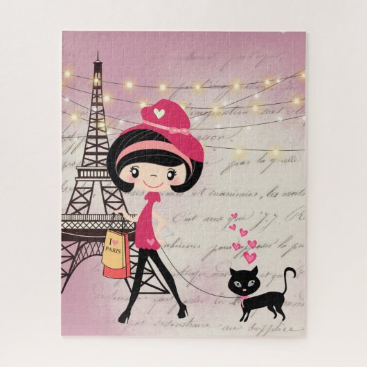 Cute Girl and Cat in Paris Eiffel Tower Legpuzzel (Verticaal)