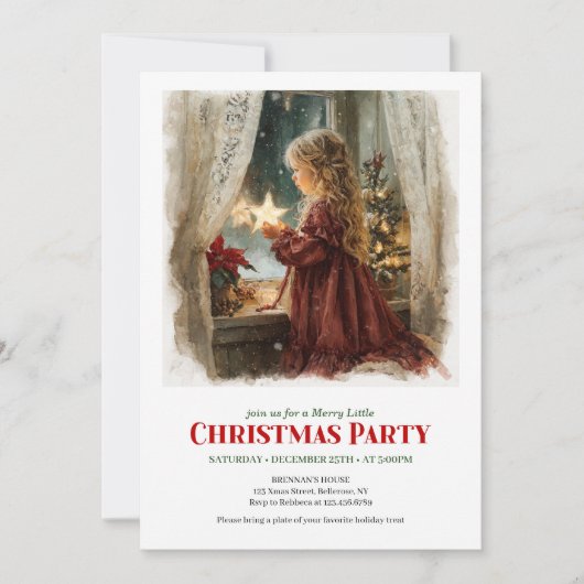 Cute girl awaits Santa printable Christmas invite Kaart (Voorkant)