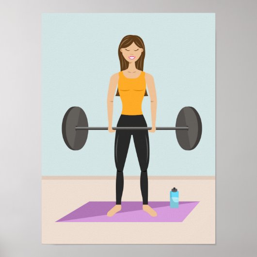 Cute Girl Deadlift Barbell Cartoon Illustratie Poster (Voorkant)