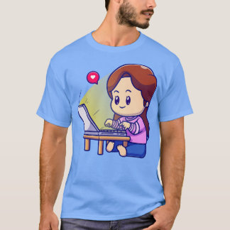 Cute Girl die werkt op een notebook Cartoon T-shirt
