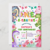 Cute Girl Dinosaur 1st Birthday Invitation (Devant)