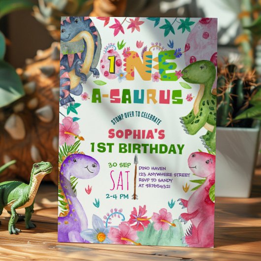 Cute Girl Dinosaur 1st Birthday Invitation