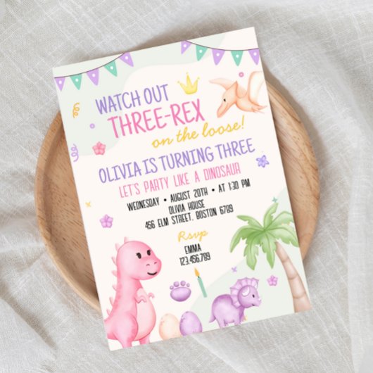 Cute Girl Dinosaur Anniversaire Fête Invitation