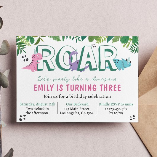 Cute Girl Dinosaur Invitation Anniversaire
