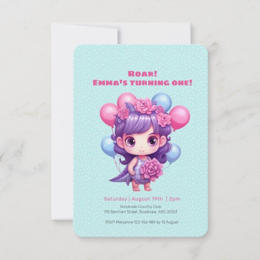 Cute Girl Dinosaur Invitation Anniversaire (Devant)